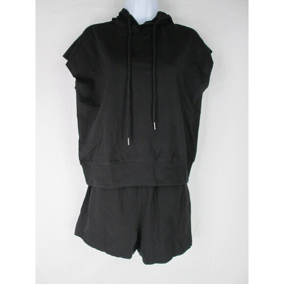 Flamingo Black Hoodie Short Set M Raw Hem Knit Jersey Polyester Spandex 33-564 - Picture 1 of 12